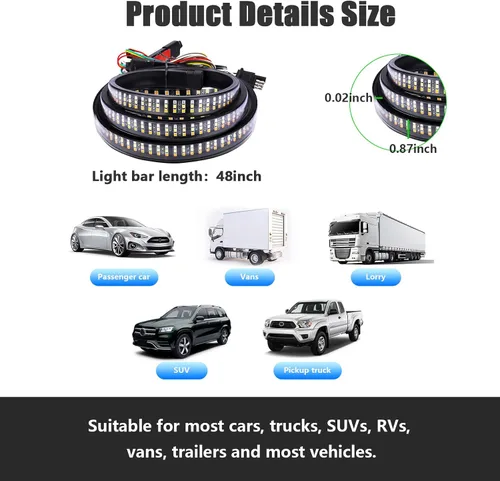 Vista 2 de Kewucn Barra de Luz LED para Portón Trasero de 48", LED IP65 de Triple Fila con Reversa Blanca y Señales de Giro Rojas, Barra de Luz Trasera