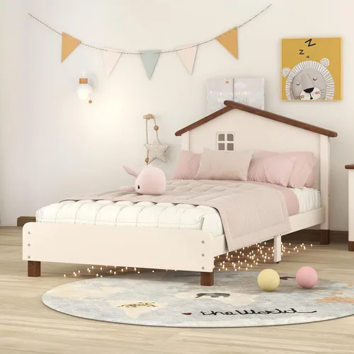 Vista 3 de Cama de plataforma de madera de tamaño individual con cabecera en forma de casa, soporte de listones de madera, para dormitorio de niños, niñas
