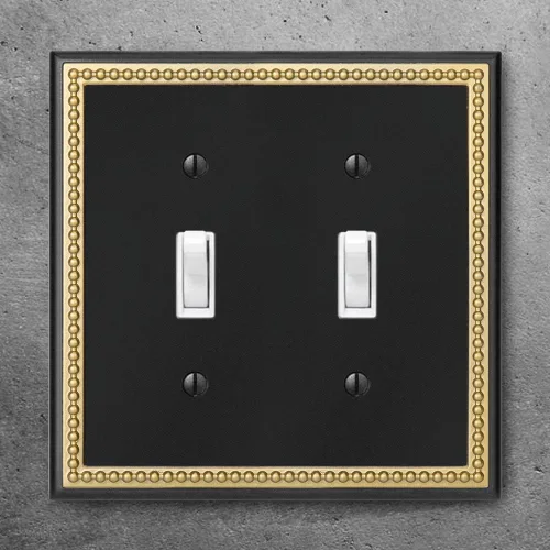 Vista 2 de Placa decorativa de pared con marco perlado para placa de interruptor (palanca doble, negro y dorado oscuro)