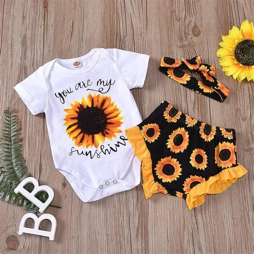 Vista 6 de Afunbaby Ropa de verano para bebé niña recién nacido con letras parte superior pantalones cortos de girasol linda ropa para bebé niña con diadema