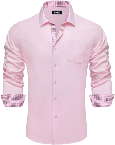 Vista 42 de Hi-Tie Camisa de manga larga jacquard con contraste interior sin arrugas para hombre