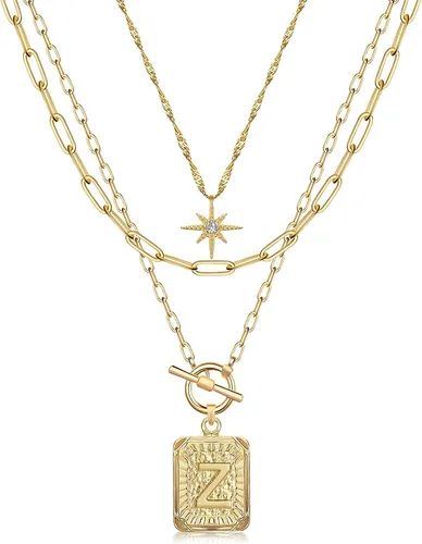 Vista 33 de MJartoria Collares con iniciales en capas para mujer, modernos, chapados en oro de 14 quilates, cadena de papel, collar sencillo con dije de Dorado