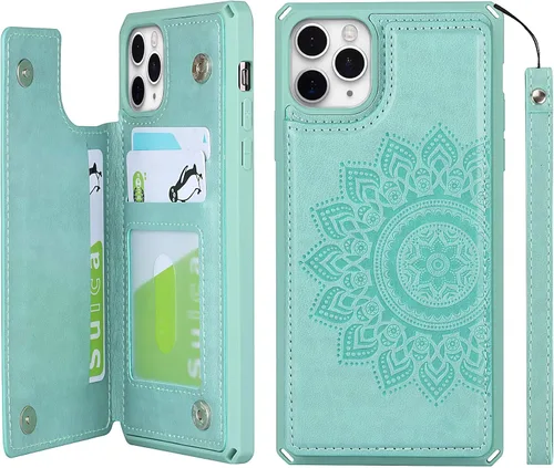 Vista 10 de iCoverCase Funda compatible con iPhone 11 Pro Max con tarjetero para mujer, bloqueo RFID en relieve, piel sintética con correa de muñeca para 11pro