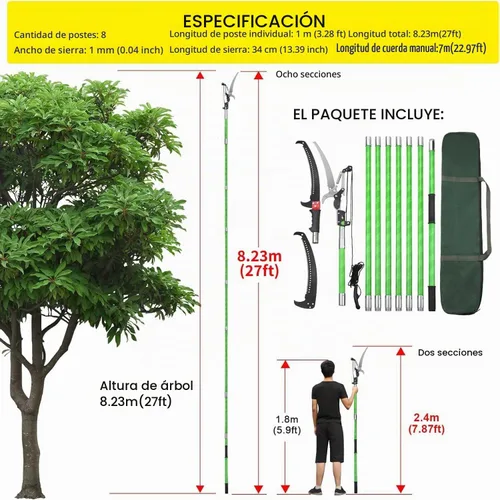 Vista 2 de Podadora de poste de árbol de 27 pies, ramas manuales, recortadora de ramas de árbol, herramientas de jardín, sierras de poste de mano, sistema