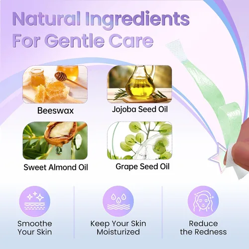 Vista 5 de Kit de depilación facial - 24 tiras de cera fría, 4 toallitas de aceite calmante para tipos de piel sensible, mujeres