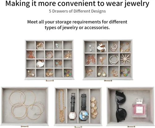 Vista 2 de V-LAFUYLIFE Joyero grande, organizador de joyas con 5 cajones, cajas de joyería de 6 niveles, organizador de joyas con espejo, cajas de joyería
