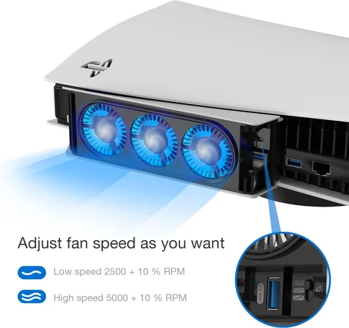 Vista 5 de Ventilador de refrigeración para PS5, ventilador silencioso mejorado con luz LED para consola Playstation 5Playstation 5 Edición digital y consola