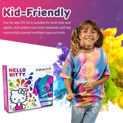 Vista 4 de Hello Kitty - Juego de teñido anudado - El juego incluye con una camiseta, 3 pinturas de colores, forro, guantes y bandas elásticas, paquete de 1