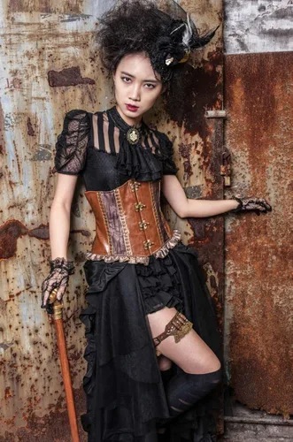 Vista 5 de HaoLin Steampunk Retro Victorian Punk Cincher Lace Up Long Ruffle Falda lápiz Negro, Negro