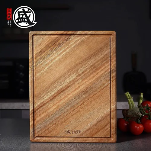 Vista 5 de MITSUMOTO SAKARI Tabla de cortar de madera de acacia de 16 x 11 pulgadas con ranura para jugo