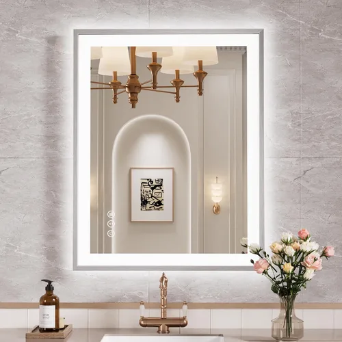 Vista 40 de Espejo de baño LED de 24x28 pulgadas con marco negro, espejos de baño retroiluminados y con luz frontal para pared, antiempañamiento, regulable