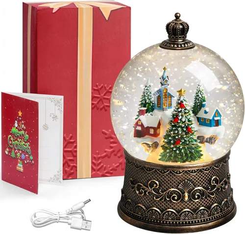 Vista 5 de Linterna de Globo de Nieve Navideño con Purpurina, Luz Musical de Globo de Nieve con Temporizador, Caja de Música con Alimentación USB y por