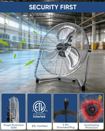 Vista 6 de KEN BROWN Ventilador de metal de 20 pulgadas, alta velocidad de 4700 CFM, inclinación ajustable de 360°, 3 velocidades, ventilador industrial
