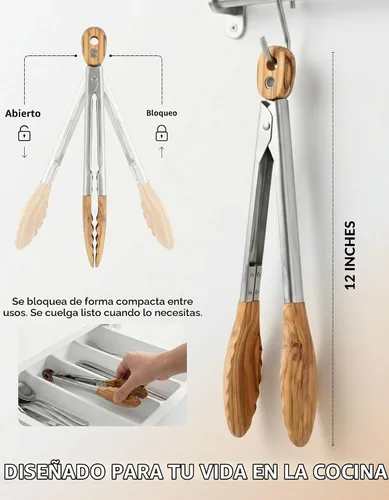 Vista 7 de Pinzas de cocina Boxiki Kitchen para cocinar con puntas de madera - Pinzas de madera ideales para barbacoa, ensalada, tostadora, pan y encurtidos