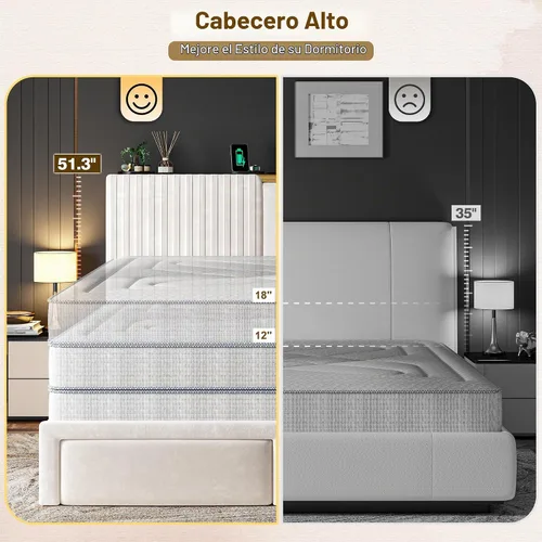 Vista 8 de Homkdom Base de cama Queen con cabecera de almacenamiento de terciopelo de Beige