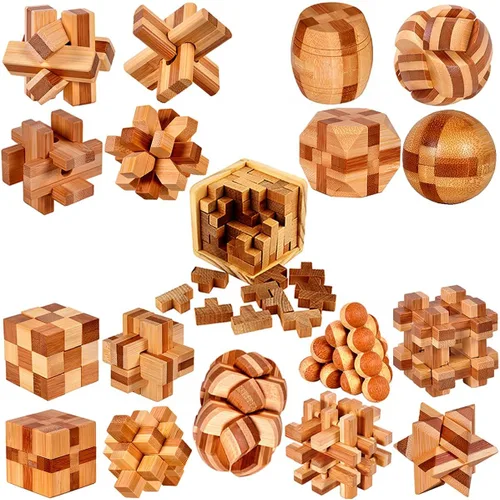 Vista 2 de Paquete de 18 Rompecabezas de Madera para el Cerebro Juguetes para Aliviar el Estrés Rompecabezas de Rebaba de Madera Rompecabezas para el Cerebro