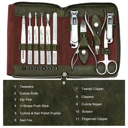 Vista 6 de FAMILIFE Juego de manicura, kit de uñas 11 en 1, kit de pedicura de acero inoxidable para hombre, kit de manicura de cuero y regalos para hombres