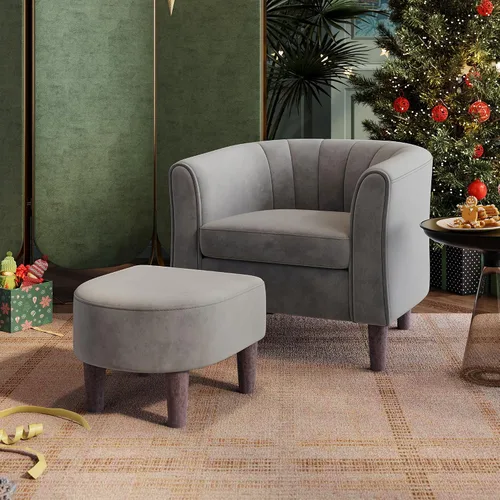 Vista 17 de LINSY Silla decorativa con otomana, moderna silla de barril pequeña, silla de lectura con reposapiés, cómoda silla con brazos redondos para sala