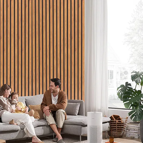 Vista 7 de Paneles de pared acústicos 3D con listones y acabado en madera, paquete de 2 paneles de absorción de sonido para estudio, oficina, sala de estar