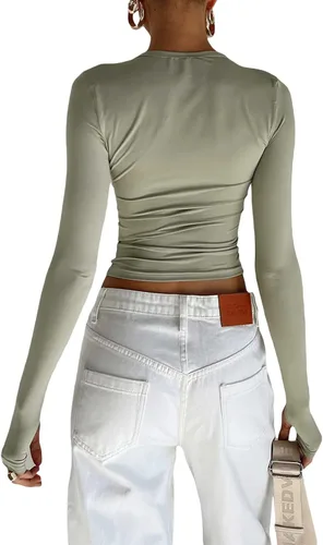 Vista 5 de Camisa sexy de manga larga para mujer, casual, lisa, ajustada, blusa corta Y2K