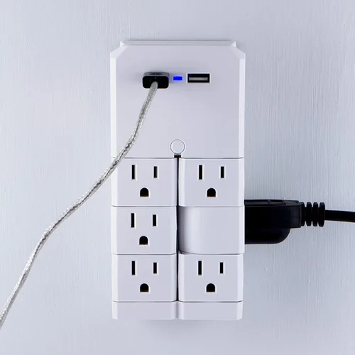 Vista 8 de GE - Extensor de 6 tomas con salidas giratorias, 2 puertos USB, enchufe de pared con toma de tierra, estante para dispositivos incorporado