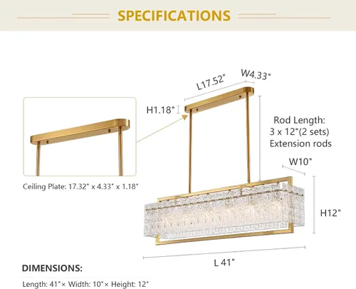 Vista 11 de Lámpara rectangular de cristal de lujo, moderna lámpara colgante rectangular LED, lámpara colgante dorada para comedor, cocina, isla de 40 pulgadas