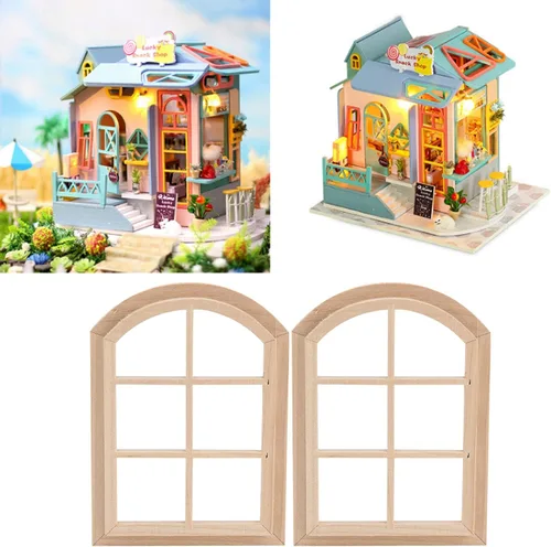 Vista 4 de Ventana de madera para casa de muñecas, escala 1/12 en miniatura, arqueada, casa de muñecas, ventana, modelo de accesorios, cubierta de golf
