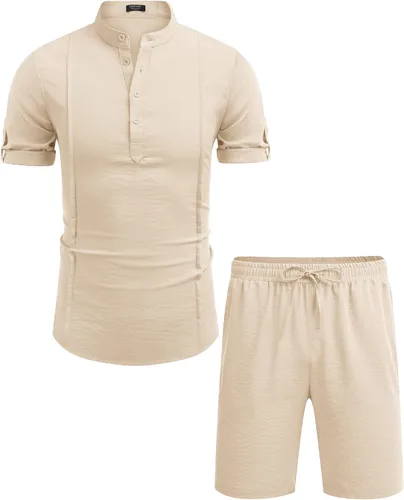 Vista 4 de COOFANDY Conjunto de 2 piezas de lino para hombre, camisa Henley de manga corta y pantalones cortos para verano, playa, yoga, trajes a juego