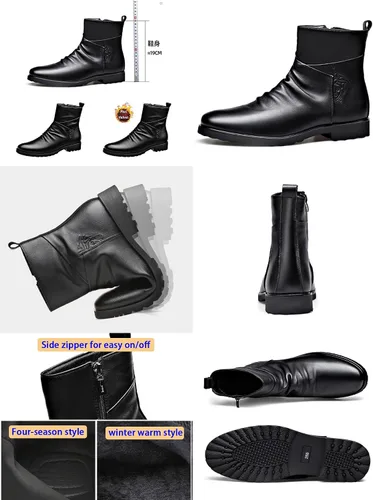 Vista 2 de Botines de vestir de cuero negro para hombre, botas cortas casuales de negocios con cremallera para otoño e invierno 2023