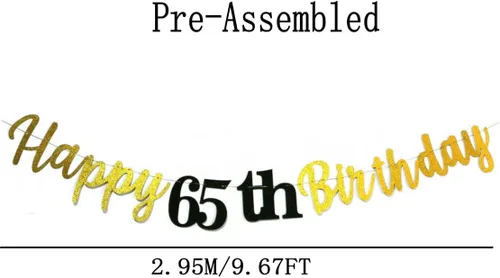 Vista 2 de Cartel de feliz cumpleaños 65 con letras negras con purpurina para colgar banderines para mujer o hombre de 65 años, suministros de decoración
