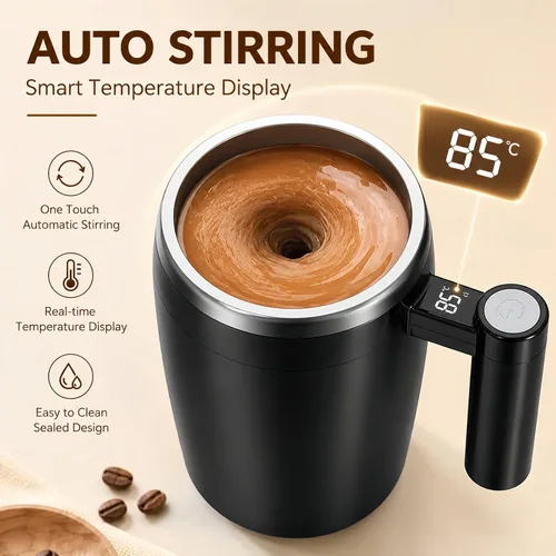 Vista 2 de Taza magnética automática autoagitable con pantalla LCD inteligente de temperatura, taza de café de mezcla eléctrica de acero inoxidable recargable