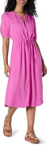 Vista 9 de Amazon Essentials Vestido midi acampanado de media manga con botones frontales y cordón en la cintura para mujer, con bolsillos Negro