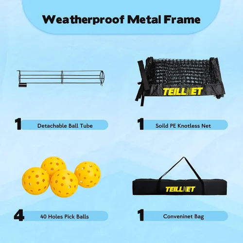 Vista 6 de Teillnet Pickleball Net Set – 22FT Portable Net with Metal Holder & 4 Balls, Sturdy Steel Frame Ultra Stable Easy Setup & Carrying Bag