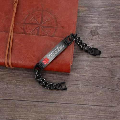 Vista 5 de Lam Hub Fong Pulsera de alerta médica de emergencia personalizada, grabado gratis, se envía al día siguiente, acero de titanio que no se deslustra