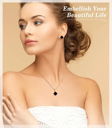 Vista 3 de Vivflavor - Juego de aretes de trébol de buena suerte para mujeres y niñas, collar clásico con colgante de trébol de 4 hojas, diseño de trébol