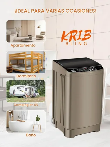 Vista 2 de KRIB BLING Bomba de drenaje portátil de 17.7 libras, lavadora completamente automática con pantalla LED, 10 programas y 8 niveles de agua Dorado