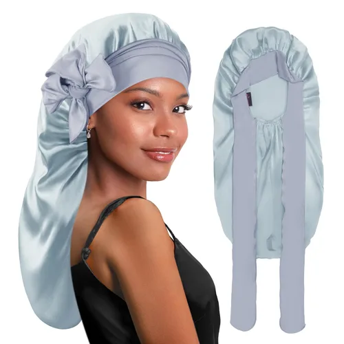 Vista 28 de BONNET QUEEN Gorro de Trenza de Seda Gorro Plegable Extra Largo para Trenzas con Banda de Atar, Capó de Satén Largo para Dormir, Verde Oscuro