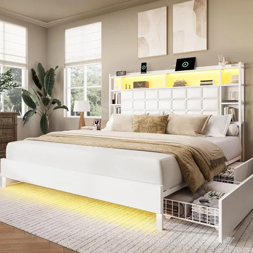 Vista 14 de LARMACE Marco de cama de madera tamaño queen con cajones de almacenamiento