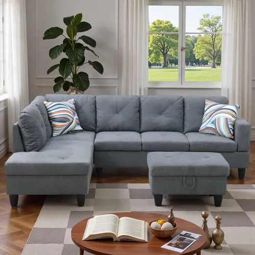 Vista 13 de Sofá modular de cuero en forma de L de 3 piezas – Sofá modular convertible con diván móvil y otomana de almacenamiento, uso multiescenario para sala