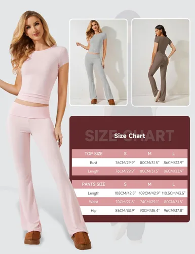 Vista 5 de NENOKED Conjunto de dos piezas para mujer, camiseta corta de manga corta y leggings acampanados, pantalones de yoga de tiro bajo, conjuntos