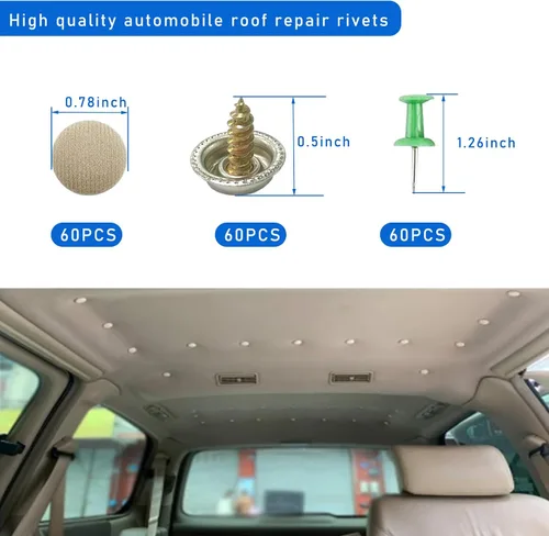 Vista 2 de Dickno 60 piezas de kit de reparación para techo de coche, remaches de presión para techo de coche con herramienta de instalación, hebilla