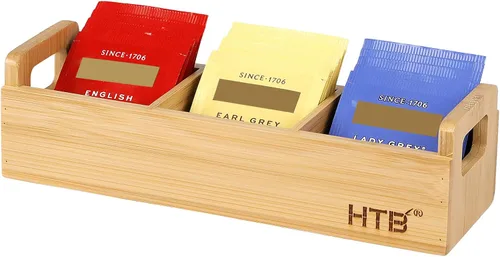 Vista 11 de HTB Caja Pequeña de Bolsitas de Té de Madera, 3 Compartimentos, Cofre de Bolsitas de Té de Madera de Acacia con Asa, Mini Contenedor