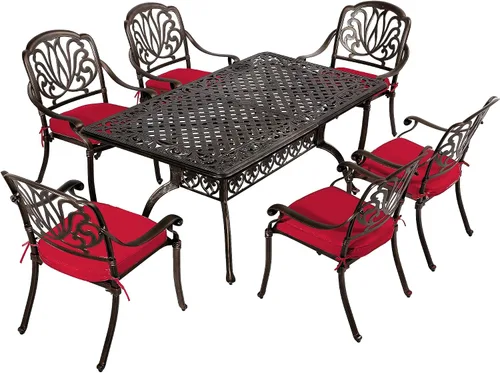 Vista 7 de TITIMO Juego de comedor de 7 piezas de aluminio fundido para patio, muebles de comedor al aire libre, juego de conversación de patio, mesa