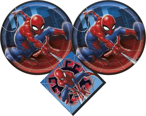 Vista 5 de Unique Paquete de suministros para fiesta de cumpleaños de Spiderman Platos y servilletas de Spiderman - Sirve 16