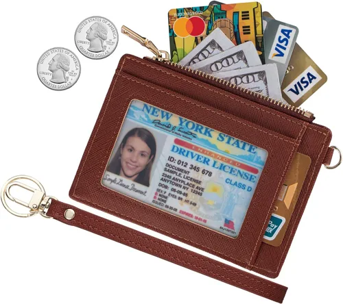 Vista 2 de Wikavanli Funda delgada para tarjetas de crédito con bloqueo Rfid para mujer, cartera con cremallera, cartera pequeña y compacta de cuero