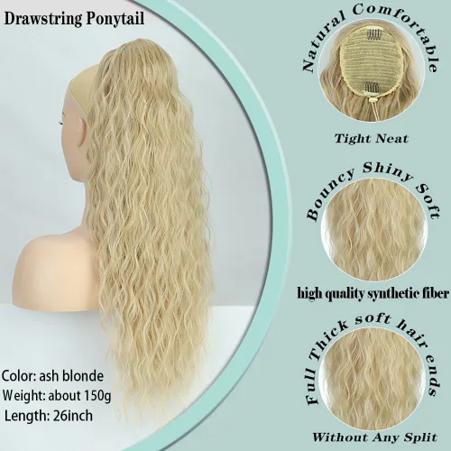 Vista 2 de Extensión de cola de caballo rubio con cordón para mujer, larga y rizada de 26 pulgadas, extensiones de cabello sintético natural, extensiones
