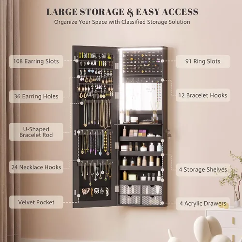Vista 2 de Vlsrka Armario LED con espejo de joyería de 47 pulgadas, organizador de joyas colgante para montar en la paredpuerta con espejo de longitud