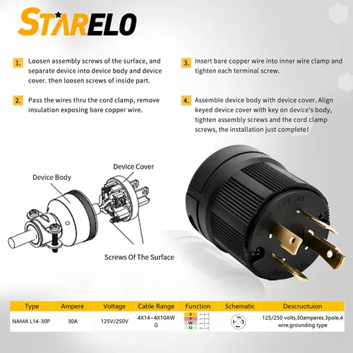 Vista 2 de STARELO 30Amp,Locking Plug/ Connector for Generator Set,NEMA L14-30P & L14-30C,125/250V 3 Pole 4 Wire Grounding Electrical Replacement Industrial