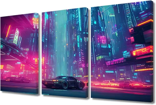 Vista 122 de Lienzo decorativo para pared de sala de estar, lienzo Cyberpunk, decoración de pared de 3 paneles, decoración de pared para el hogar, dormitorio