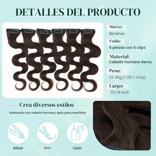 Vista 2 de 6 extensiones de cabello real con 6 clips, cabello ondulado de 10 pulgadas, color marrón oscuro